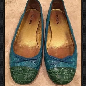 PRADA Green Teal Real Crocodile Skin Ballet Flats